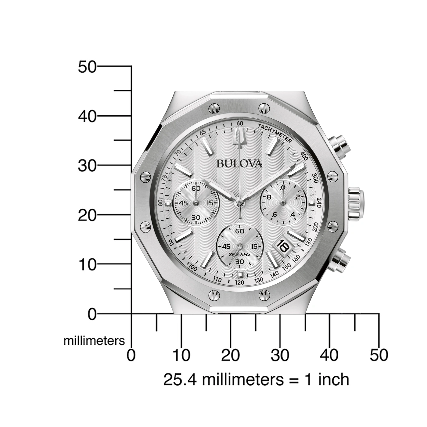 Uhr mit Tachymeter und Bulova-Logo, silbernes Zifferblatt, Datumsanzeige, Millimeter-Skala.