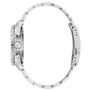 Silberne Uhr mit Armband, Seitenansicht, Detailaufnahme, glänzend, elegant, modern