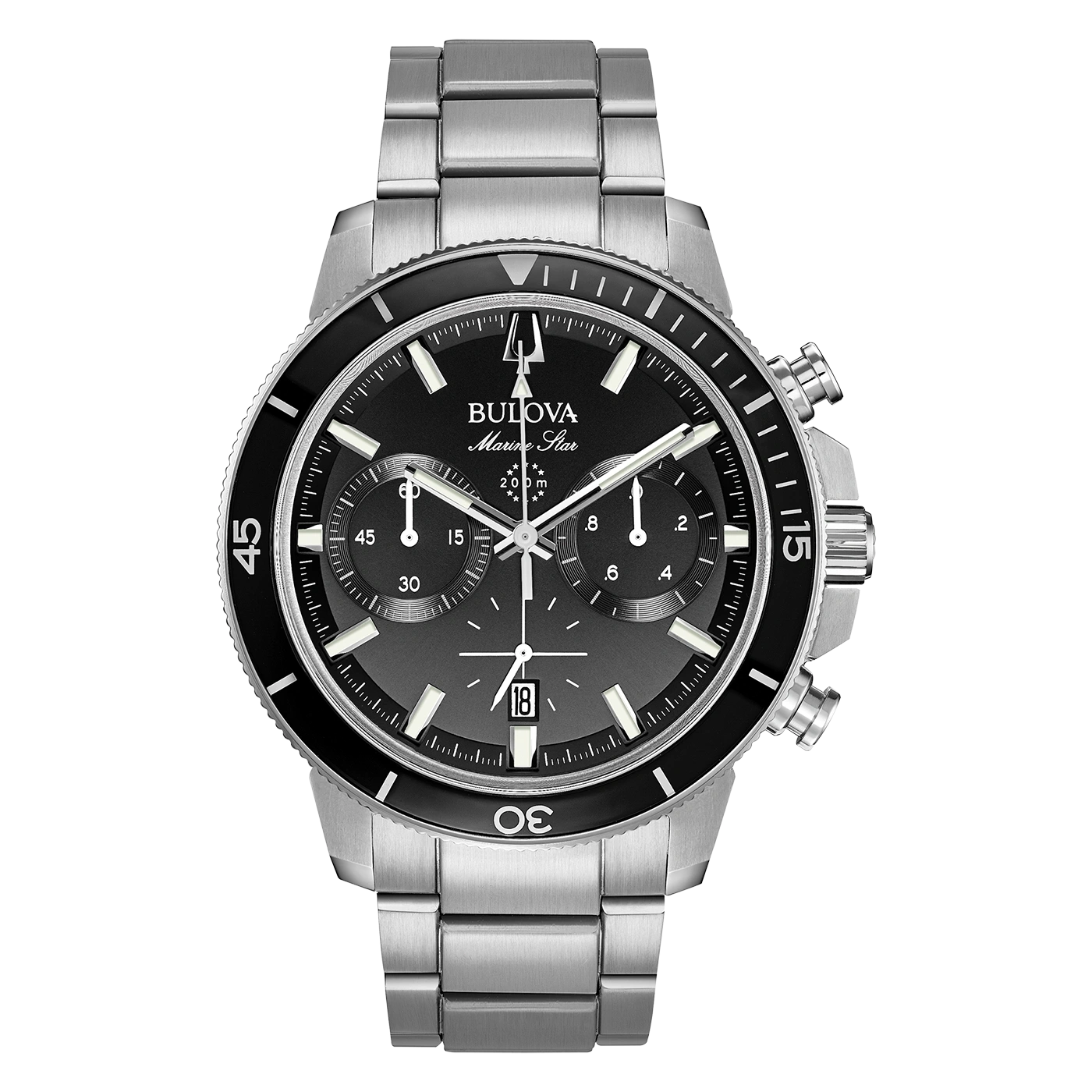 Bulova Marine Star Uhr, schwarz, Edelstahlarmband, Chronograph, 200m wasserdicht