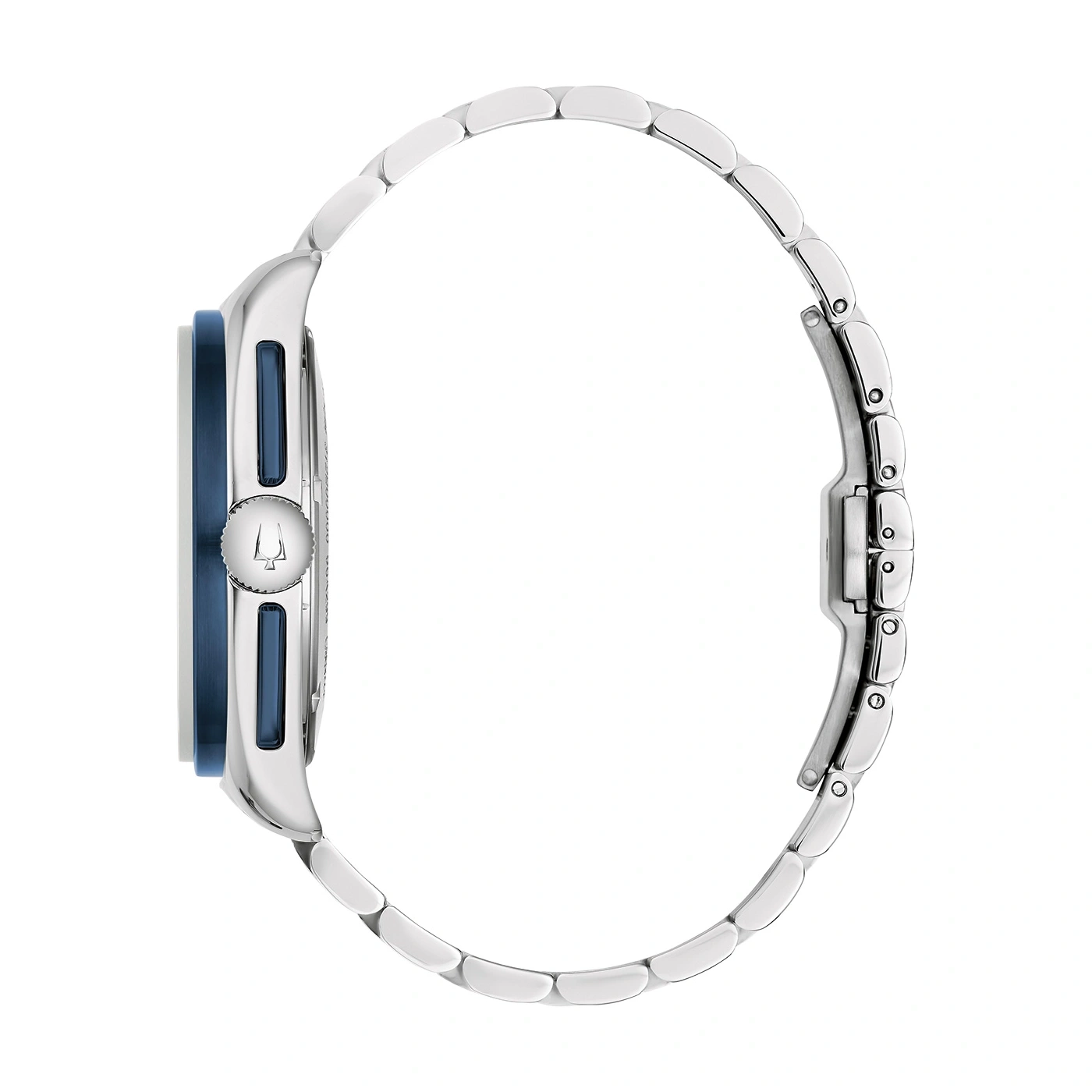 Seitenansicht einer silbernen Uhr mit blauem Zifferblatt und Armband.