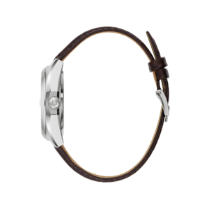 Uhr mit braunem Lederarmband, Seitenansicht, silbernes Gehäuse, Detailaufnahme