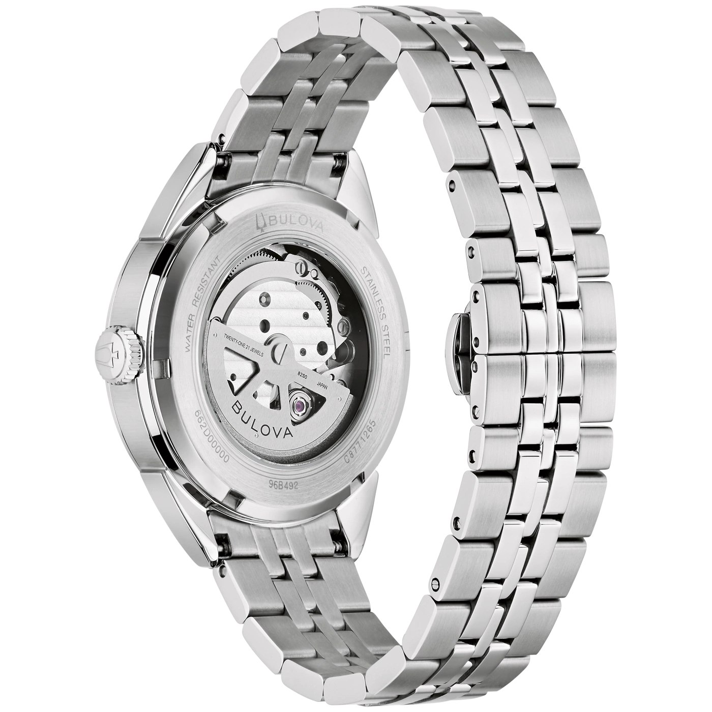 Eine silberne Bulova Automatikuhr mit Sichtboden, die auf einem schwarzen Hintergrund liegt.