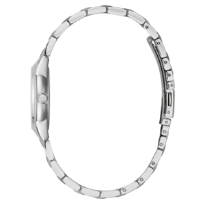 Silberne Damenuhr, Seitenansicht, Armband, rundes Zifferblatt, elegantes Design, Accessoire