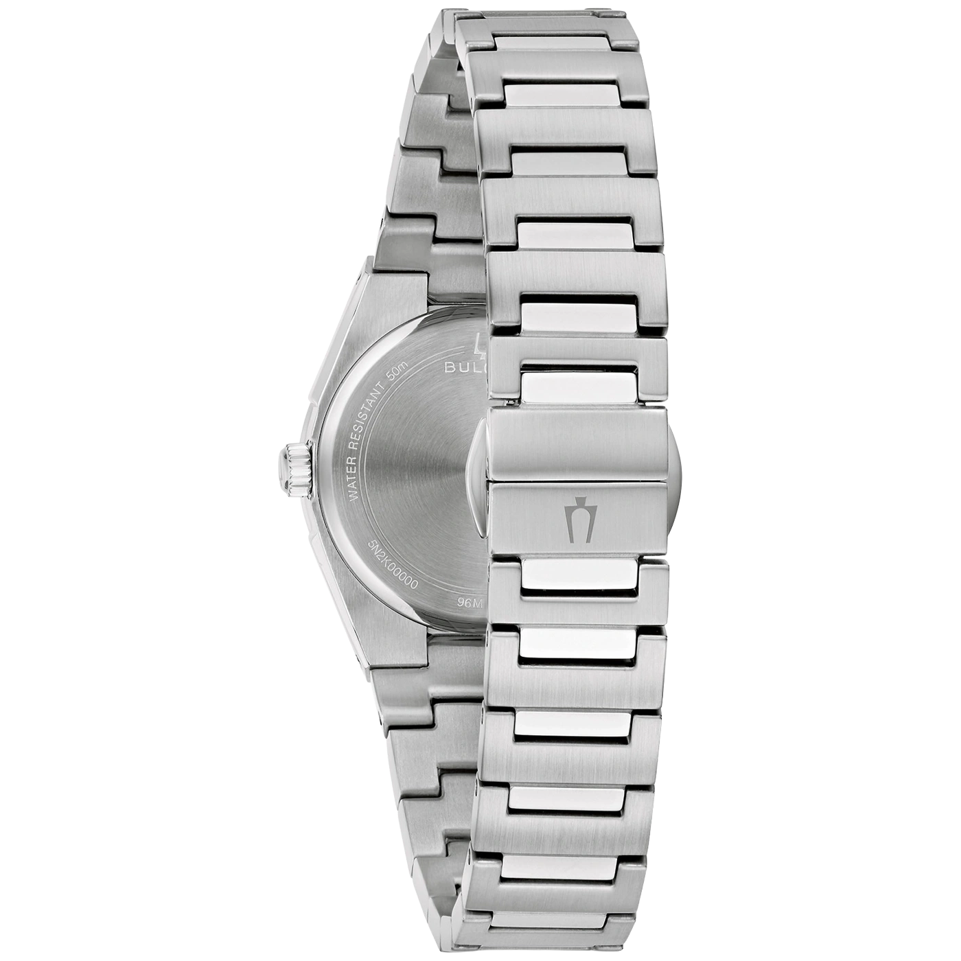 Rückseite einer silbernen Bulova-Uhr mit Wasserdichtigkeit 50m.