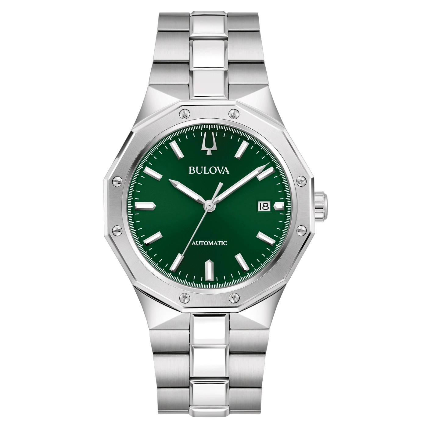 Bulova-Uhr mit grünem Zifferblatt und silbernem Armband, Automatik