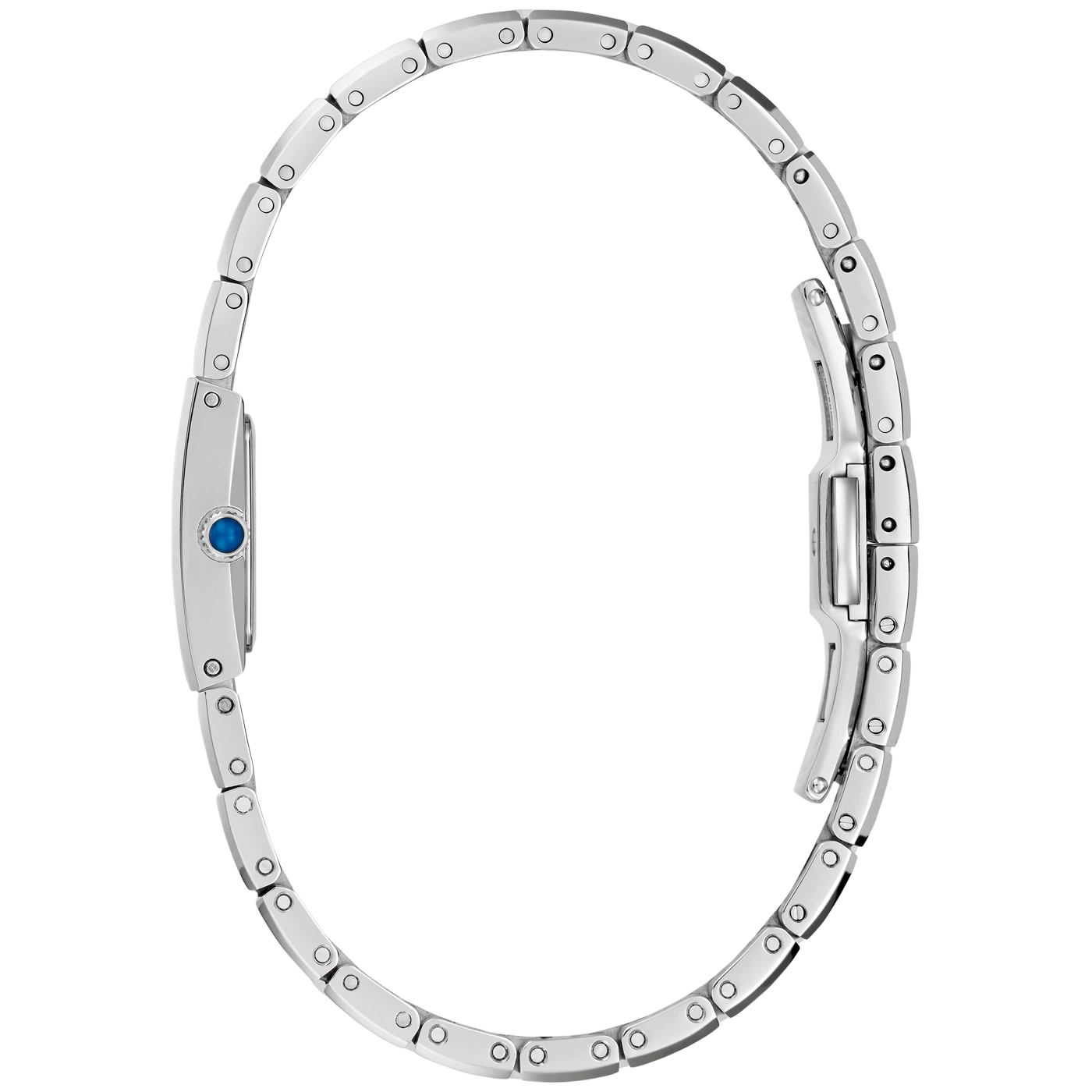 Eine silberne Armbanduhr mit blauem Stein, seitlich aufgenommen.