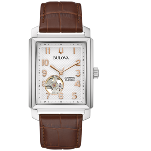 Bulova-Uhr, rechteckiges Zifferblatt, braunes Lederarmband, Automatik, 21 Juwelen, Herrenuhr.