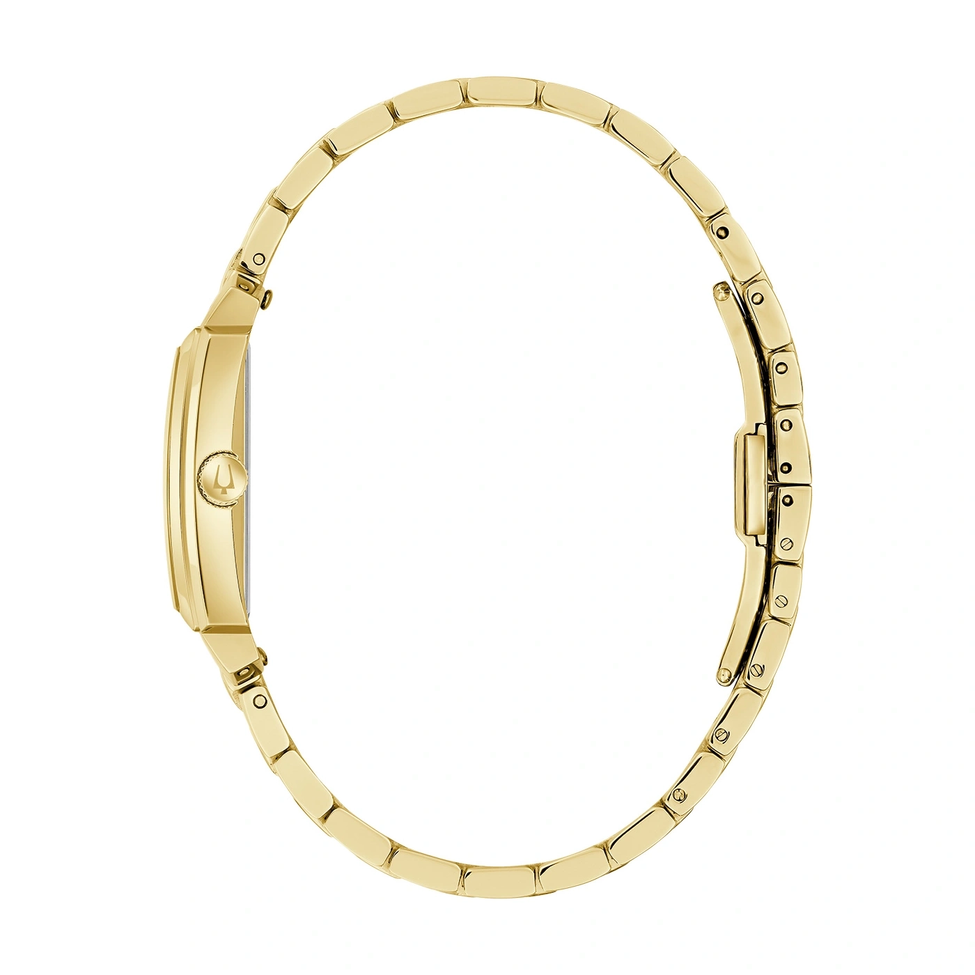 Goldene Damenuhr, Seitenansicht, rechteckiges Zifferblatt, goldenes Armband, Detailaufnahme, Schmuck