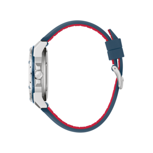 Uhr mit blauem und rotem Armband, Seitenansicht, silbernes Gehäuse, Detailaufnahme