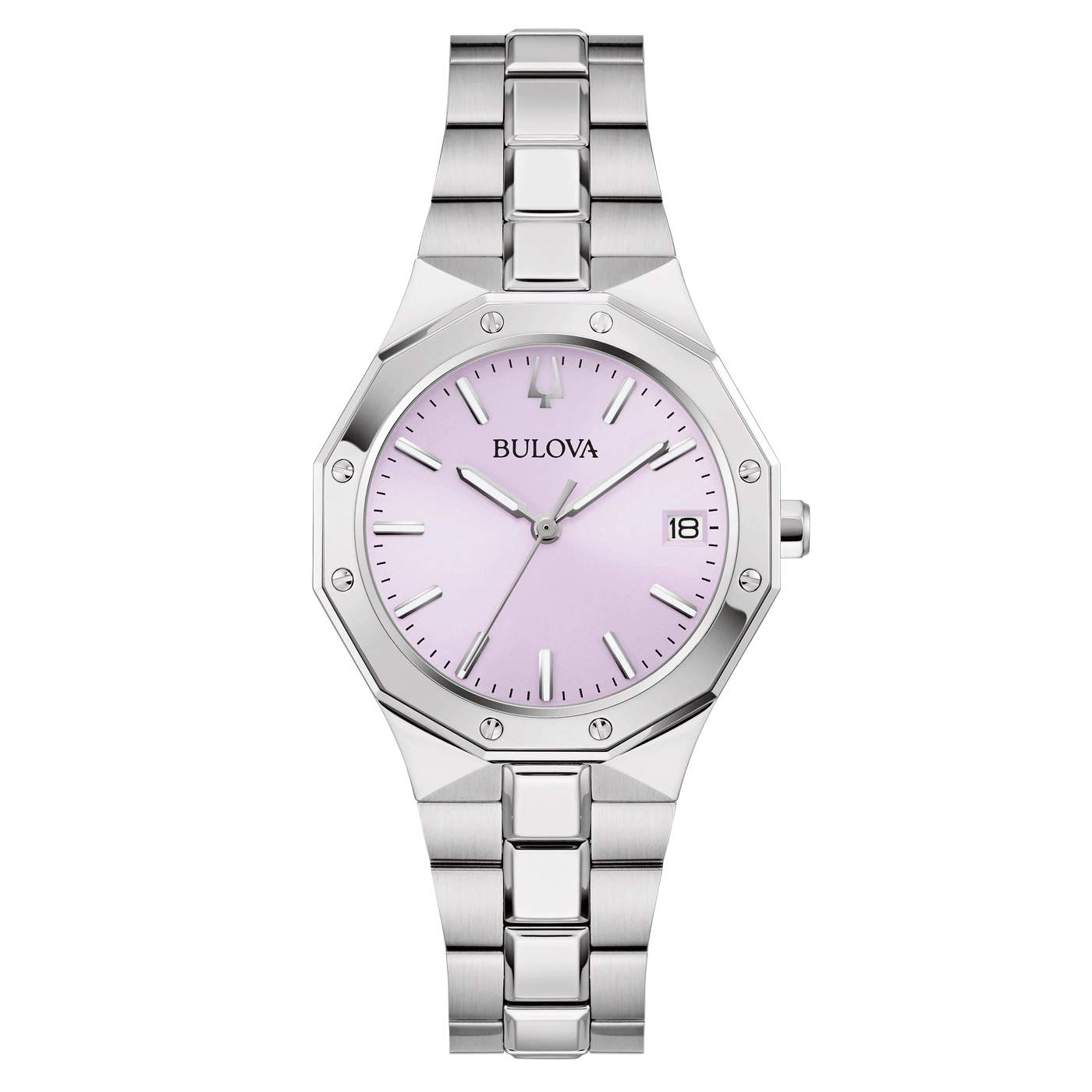 Bulova Damenuhr, silberfarbenes Gehäuse, rosa Zifferblatt, Datumsanzeige, Edelstahlarmband