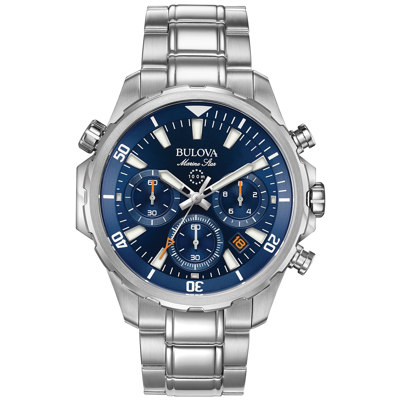 Bulova Marine Star Uhr, blaues Zifferblatt, silbernes Armband, Chronograph, 100m wasserdicht.