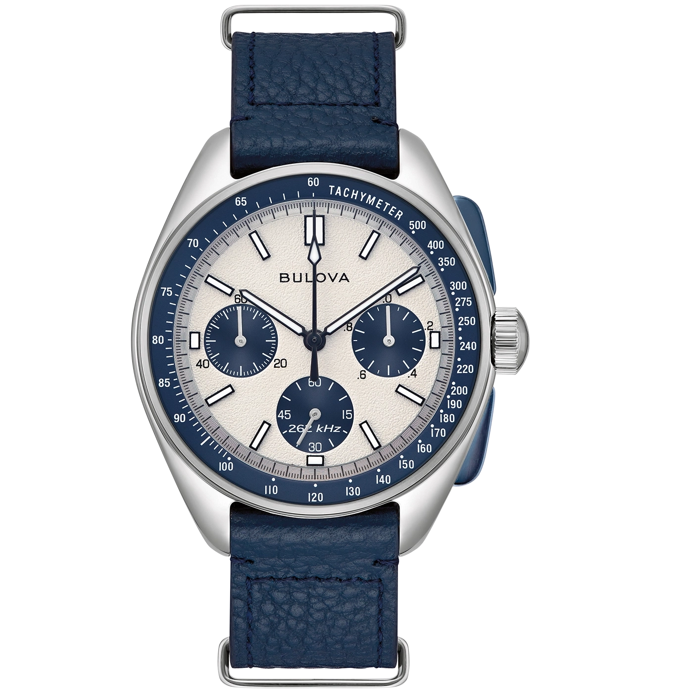 Bulova-Uhr mit blauem Lederarmband und Tachymeter-Funktion, elegantes Design.
