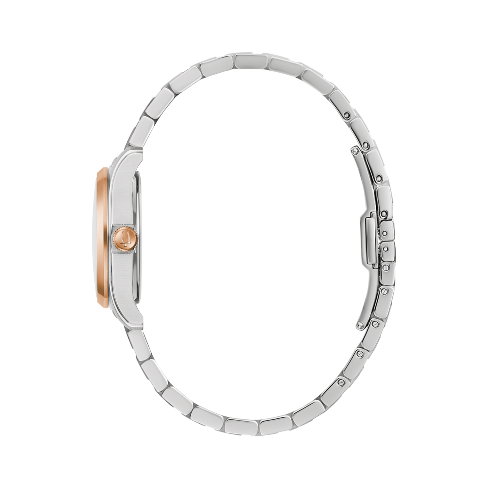 Uhr, silbernes Armband, roségoldfarbenes Zifferblatt, Seitenansicht, elegantes Design