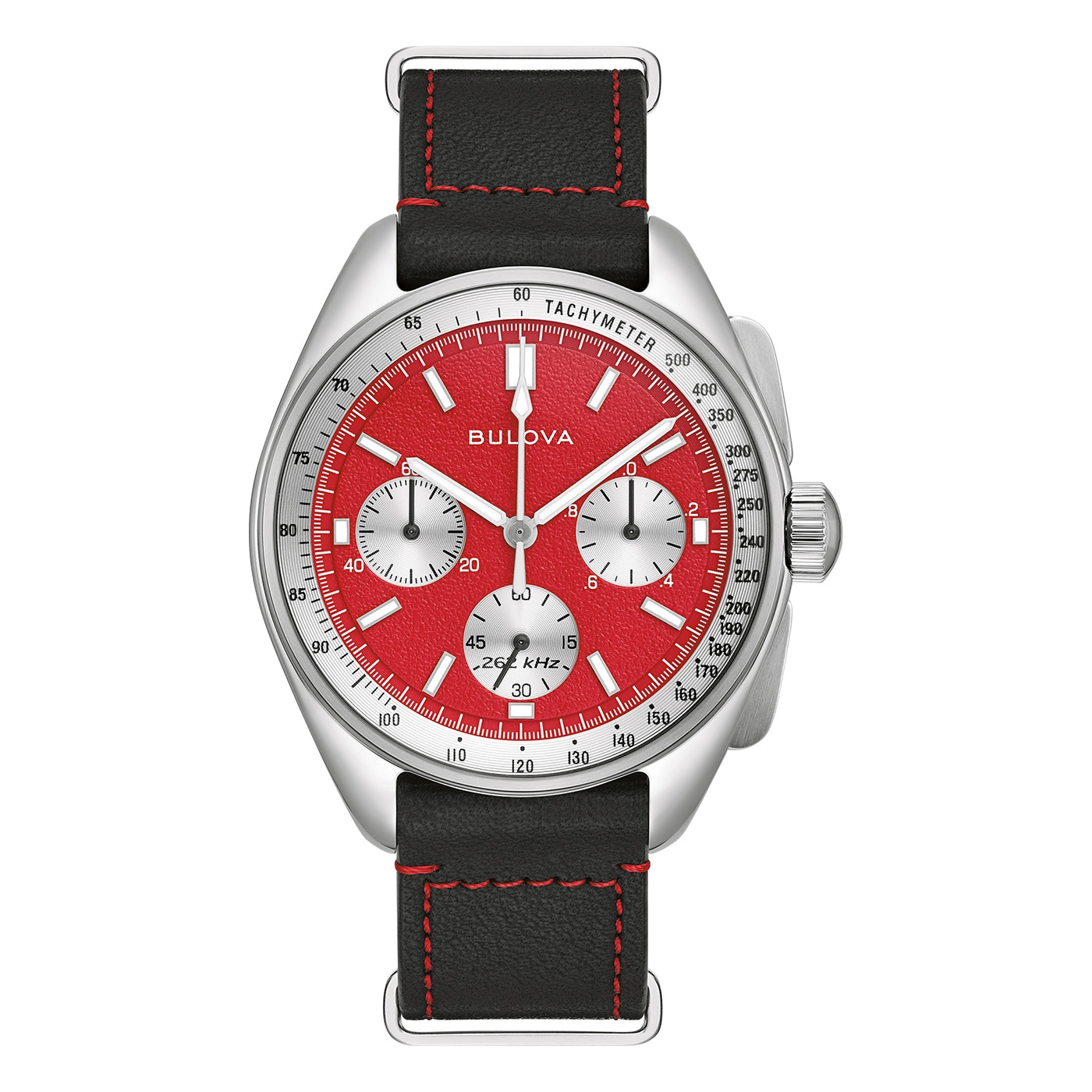Rote Bulova-Uhr mit schwarzem Armband und Tachymeter-Funktion.