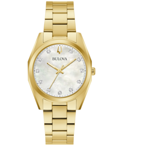 Goldene Bulova-Uhr mit Diamanten und Perlmutt-Zifferblatt, elegant.