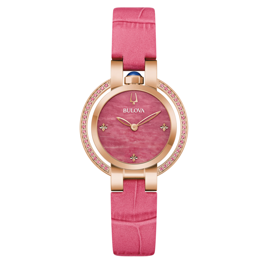 Bulova Damenuhr, rosa Zifferblatt, rosa Armband, goldfarbenes Gehäuse, Schmuck