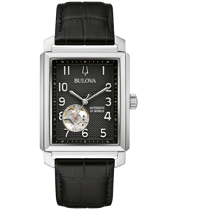 Bulova Herrenuhr, rechteckiges Zifferblatt, schwarzes Lederarmband, Automatikwerk, 21 Jewels