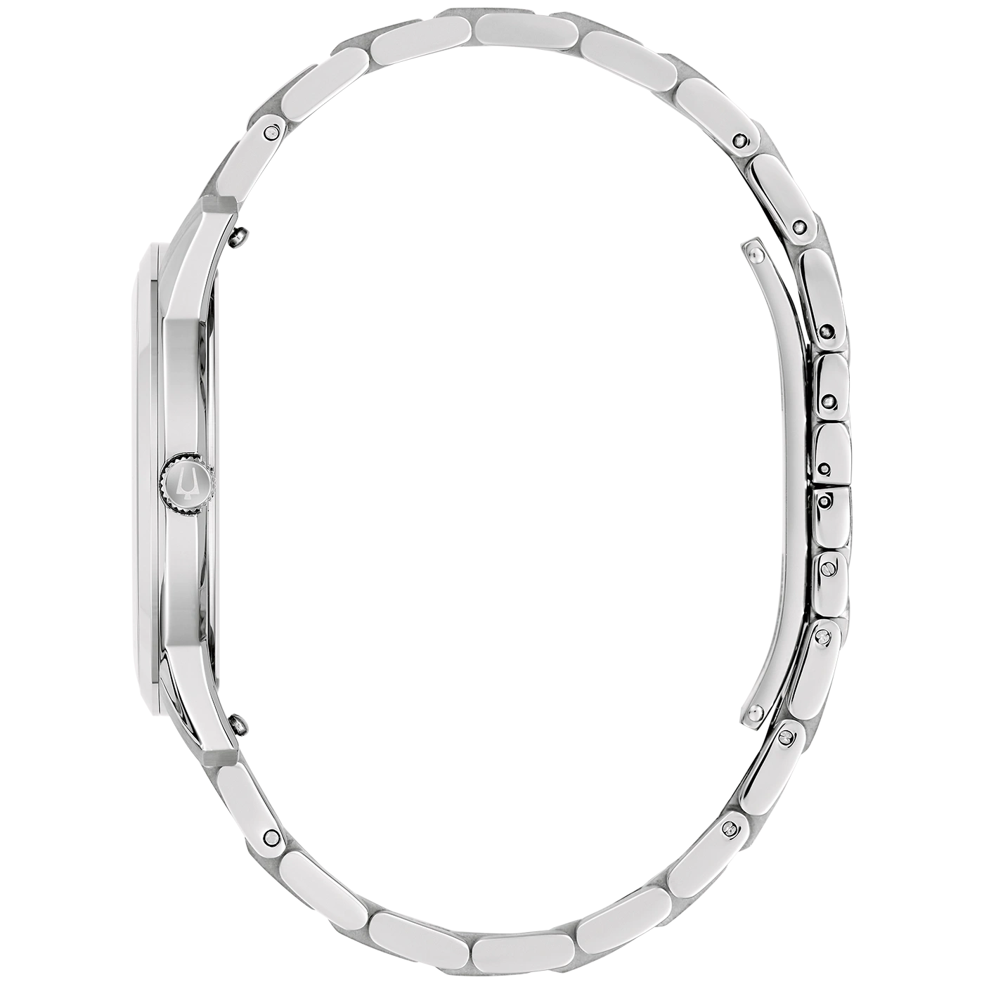 Seitenansicht einer silbernen Armbanduhr mit offenem Armband.
