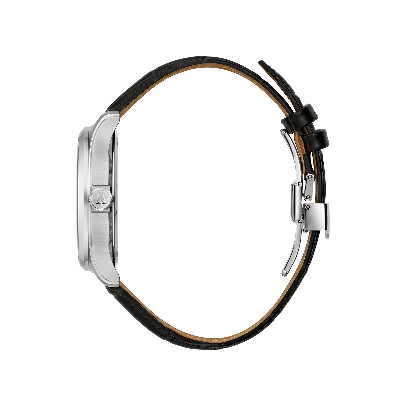 Uhr mit schwarzem Lederarmband. Silbernes Gehäuse. Zeitloses Design. Elegante Armbanduhr.