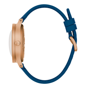 Uhr mit blauem Armband und roségoldfarbenem Gehäuse, Nahaufnahme