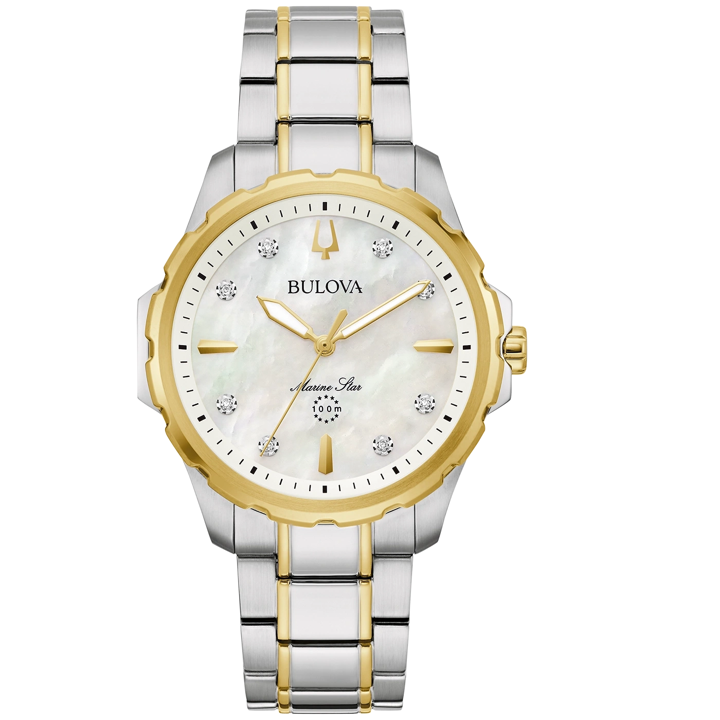 Bulova Marine Star Uhr, goldfarben, silberfarbenes Armband, Diamanten, Perlmuttzifferblatt