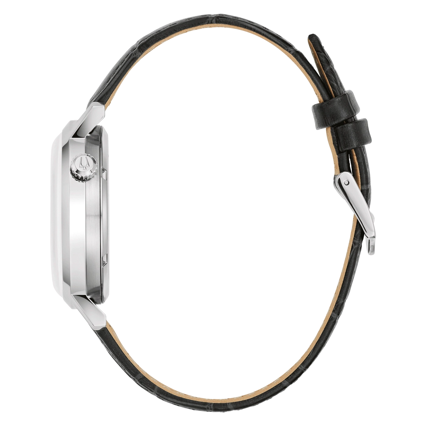 Uhr mit schwarzem Lederarmband, Seitenansicht, silbernes Gehäuse, elegantes Design
