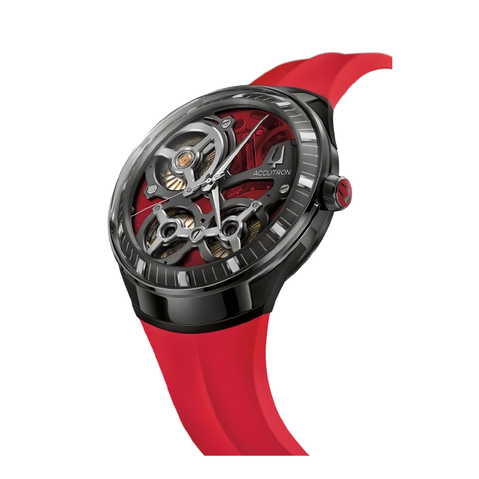 Schwarze Uhr mit rotem Armband und rotem Zifferblatt, Accutron.