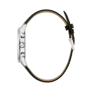 Uhr mit schwarzem Lederarmband. Silbernes Gehäuse und Knöpfe. Zeitloses Design.