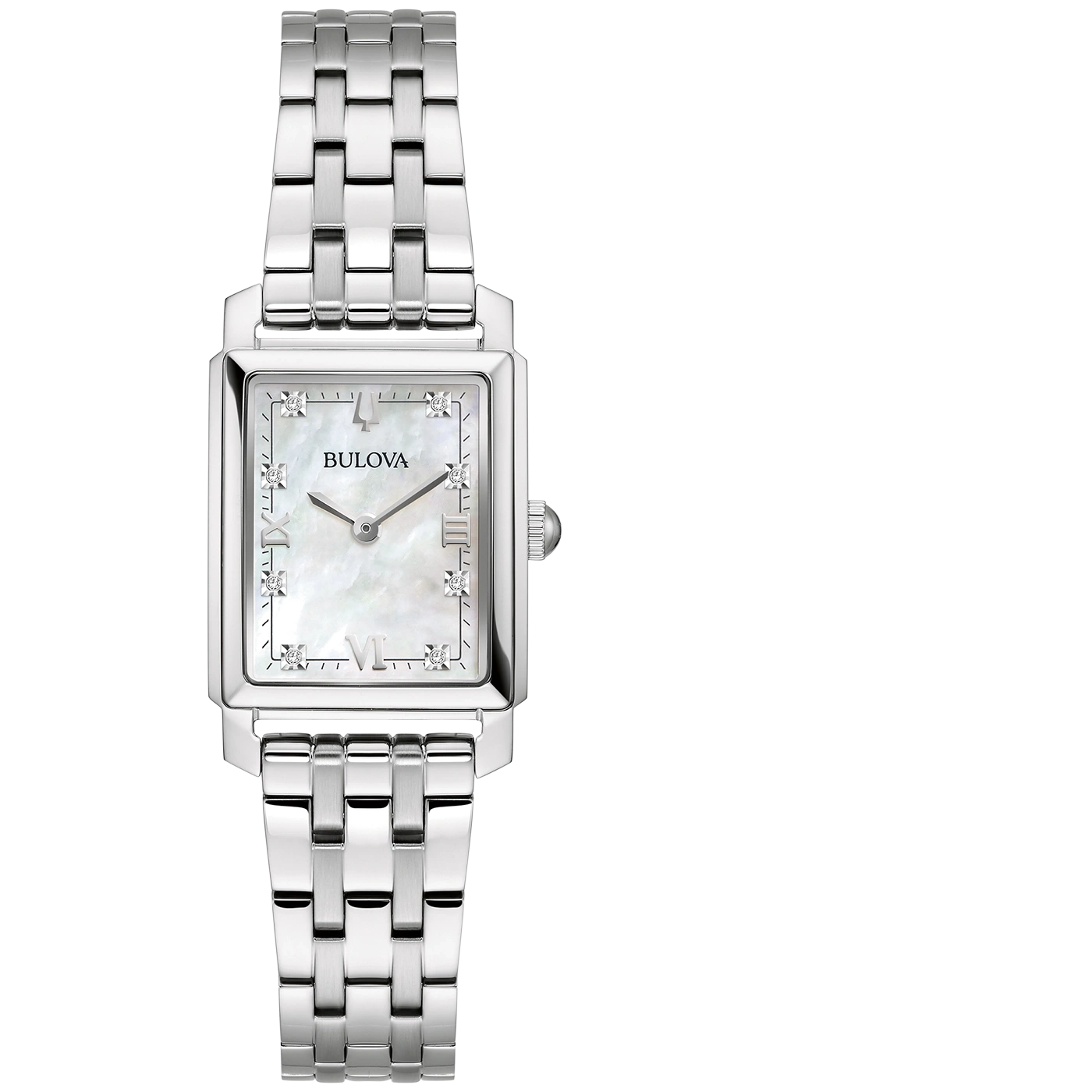 Silberne Damenuhr mit rechteckigem Zifferblatt und Diamanten, Bulova