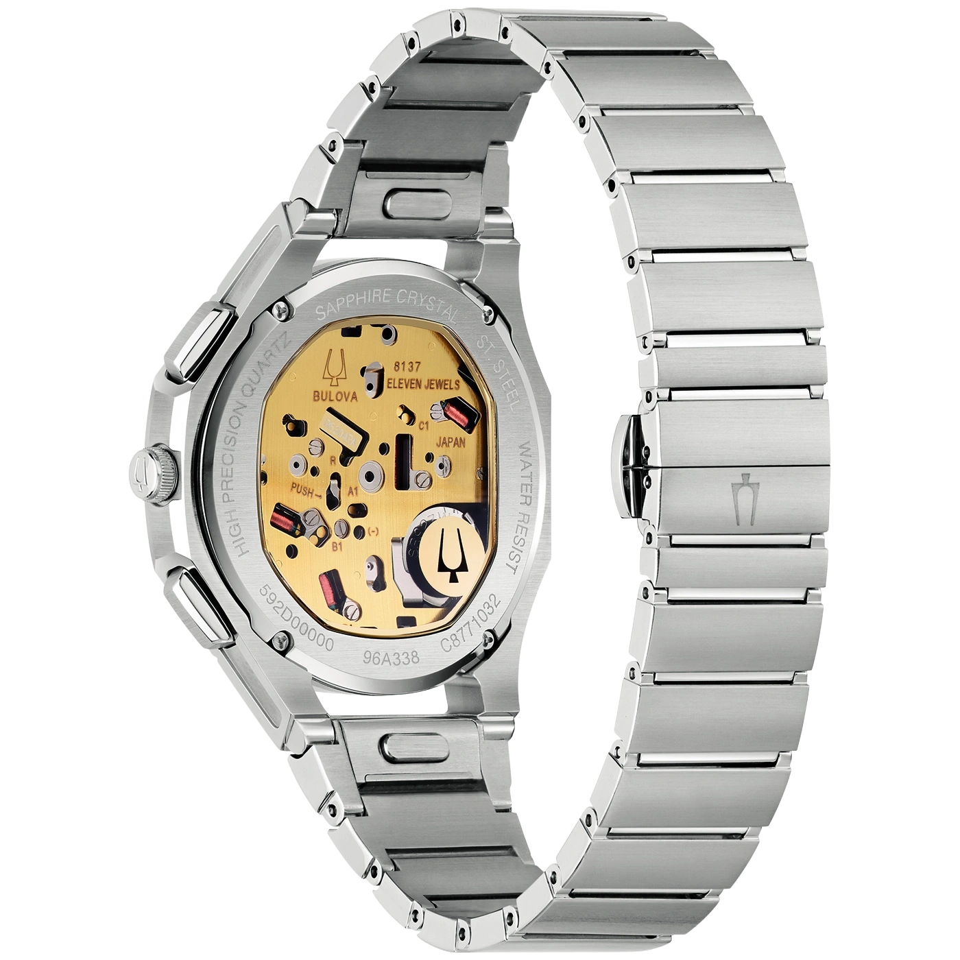 Rückseite einer Bulova Quarzuhr mit goldenem Uhrwerk und silbernem Armband.