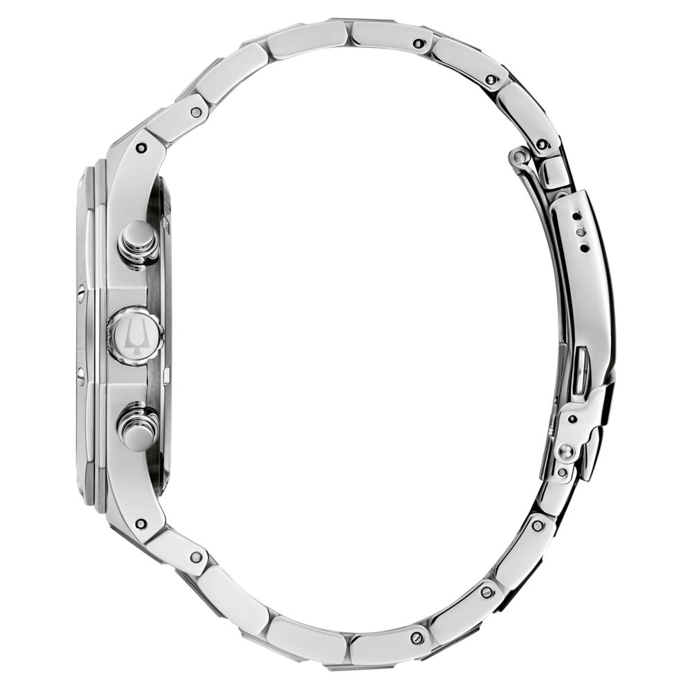 Silberne Uhr mit Armband, Seitenansicht, glänzend, elegant, modern, Accessoire, Zeitmesser, Chronograph