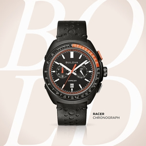 Bulova Racer Chronograph Uhr, schwarz, orange Akzente, Lederarmband, Tachymeter