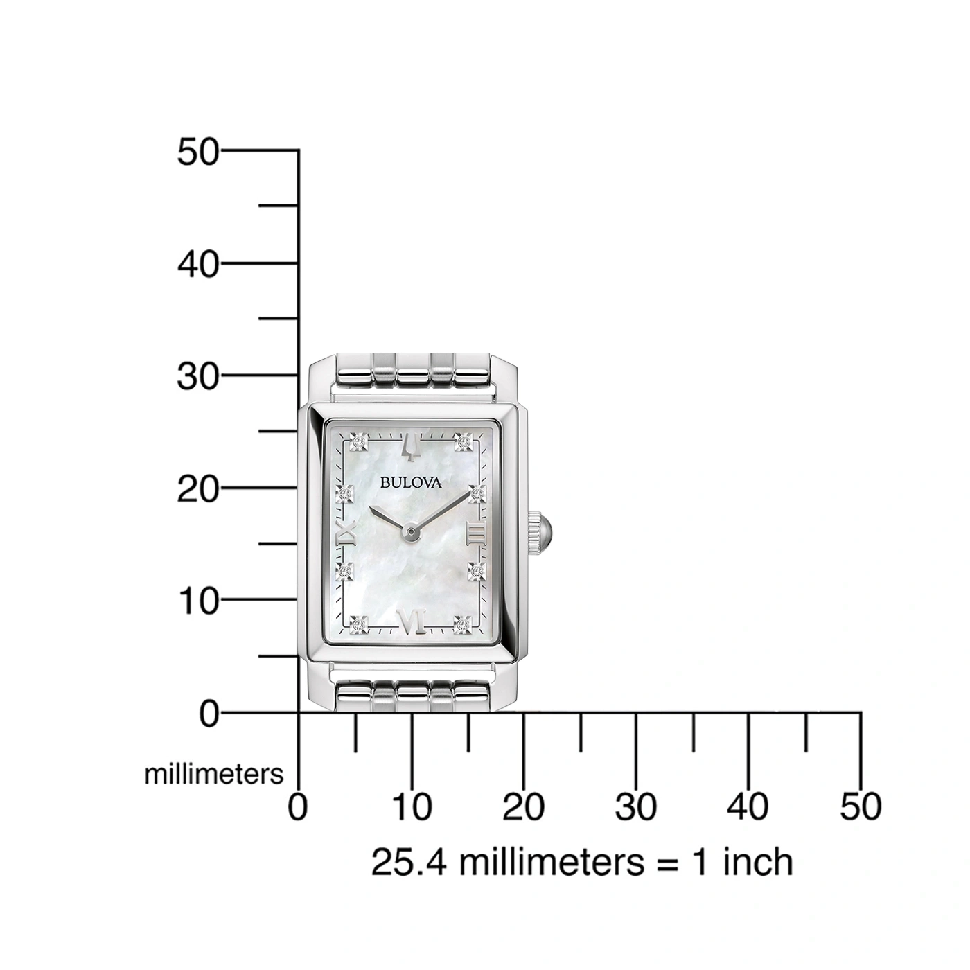 Uhr mit Messskala. Die Uhr ist rechteckig und hat das Bulova-Logo.