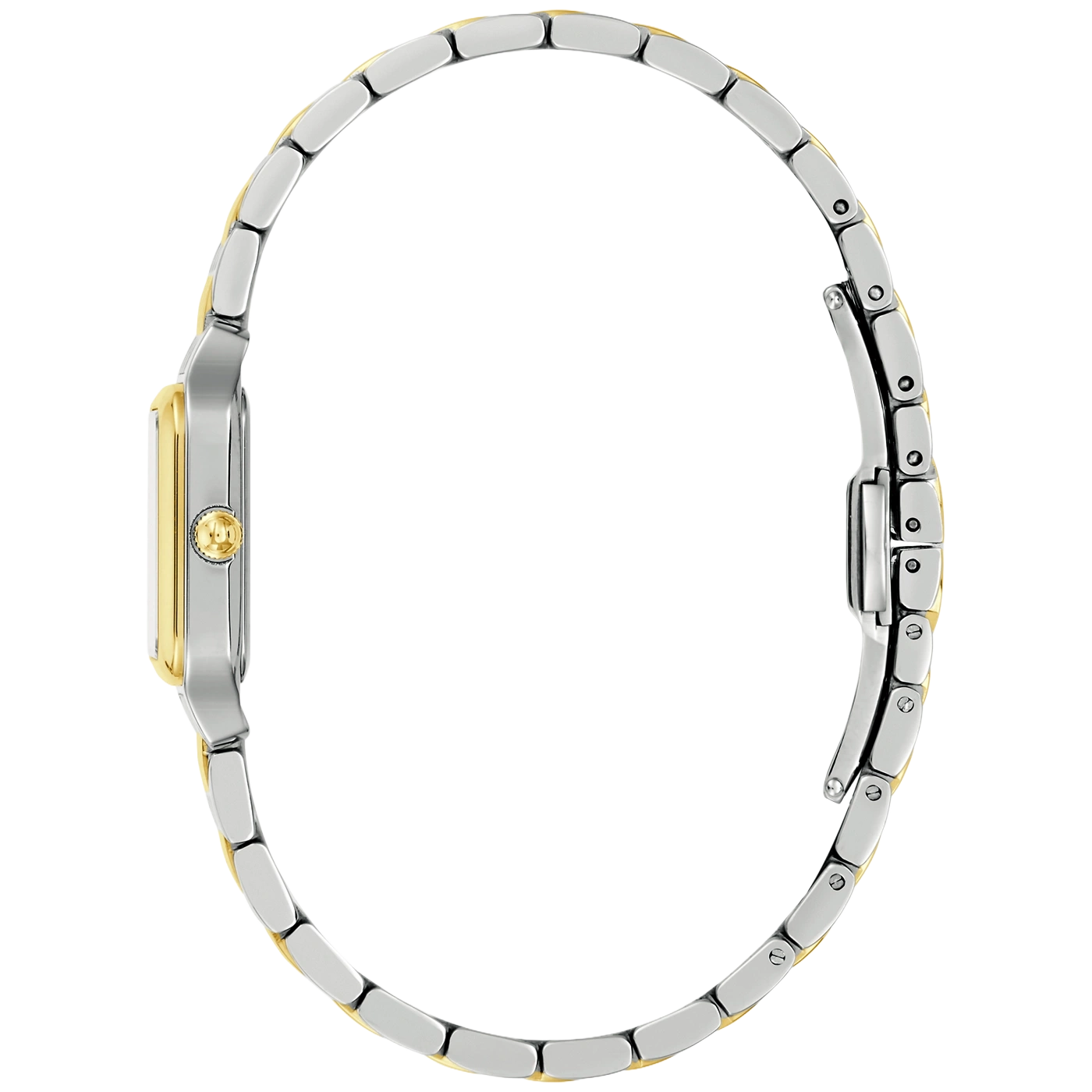 Eine gold-silberne Damenuhr im Profil, mit schmalem Armband.