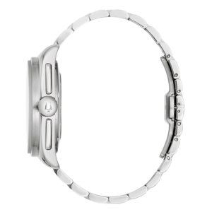 Uhr, silbernes Armband, Seitenansicht, Detailaufnahme, elegantes Design, Accessoire, Mode, Zeitmesser