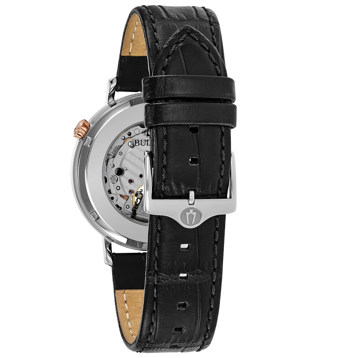 Schwarze Uhr mit Lederarmband und silberner Schnalle, Detailaufnahme