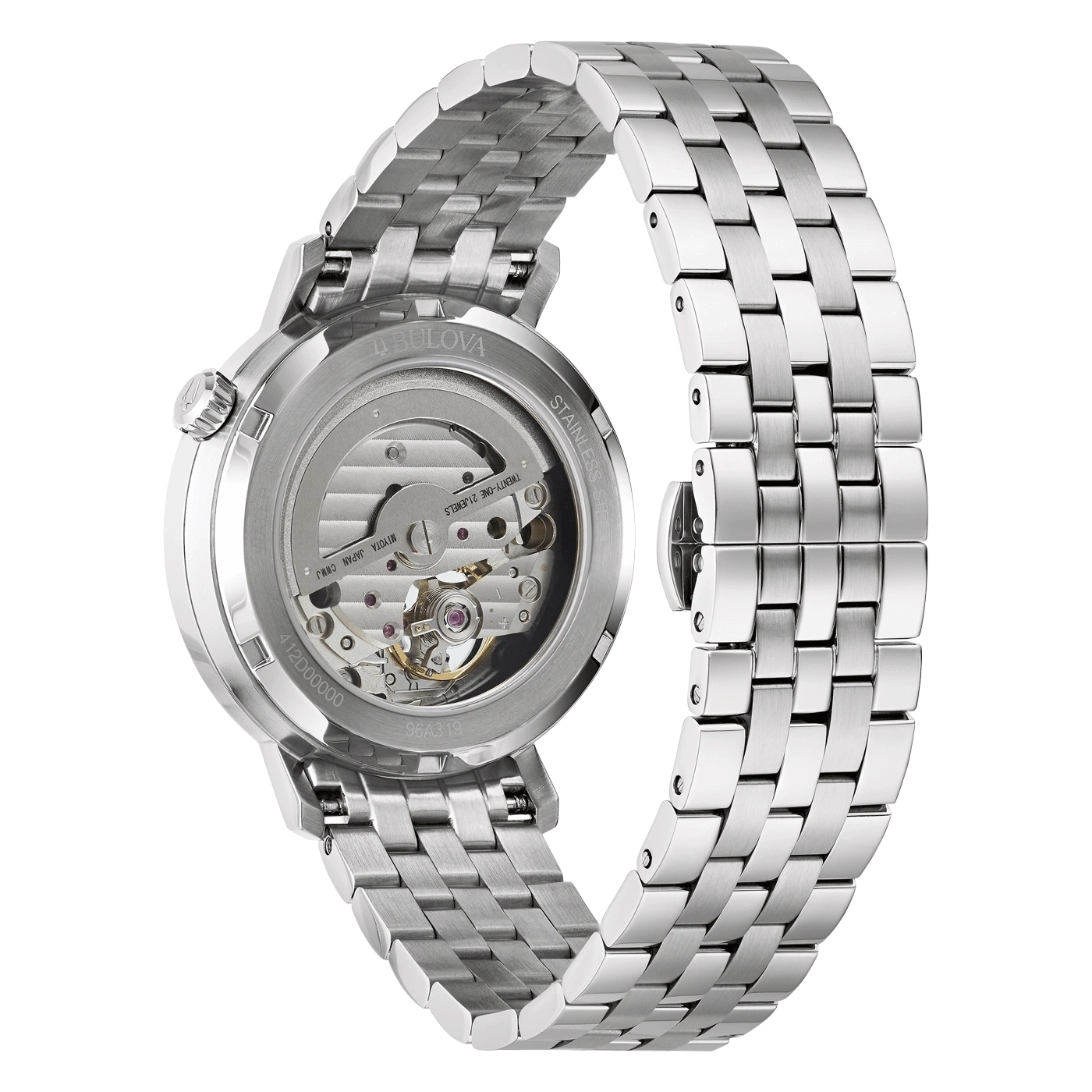 Bulova-Uhr mit transparentem Gehäuseboden und Edelstahlarmband, Uhrwerk sichtbar
