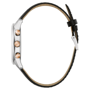 Uhr mit schwarzem Lederarmband und silbernem Gehäuse, Detailansicht