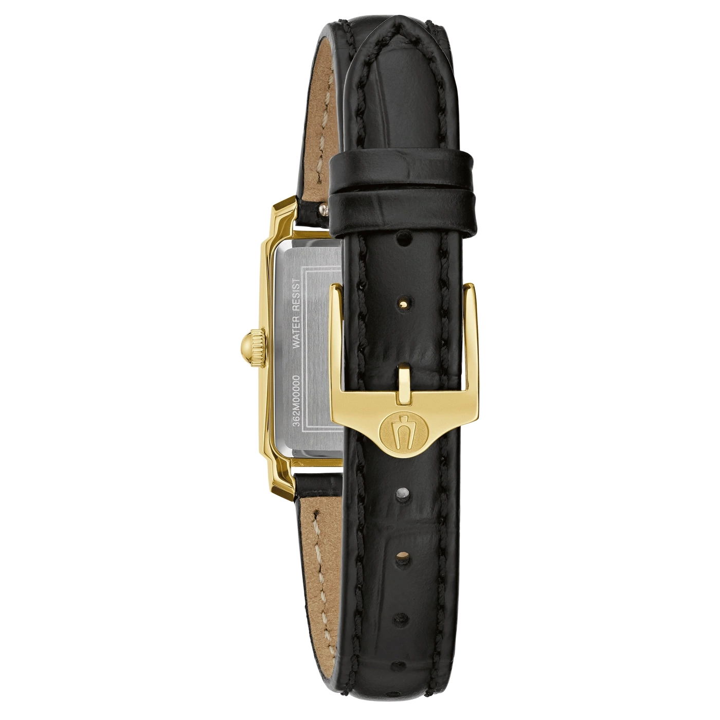 Schwarze Lederarmbanduhr mit goldfarbenem Gehäuse und Schnalle, Nahaufnahme.