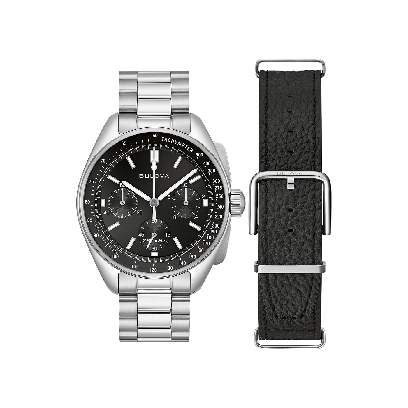 Bulova-Uhr mit schwarzem Zifferblatt und silbernem Armband, Lederarmband daneben.
