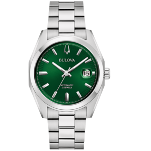 Bulova-Uhr mit grünem Zifferblatt und silbernem Armband, Automatik, 21 Jewels.