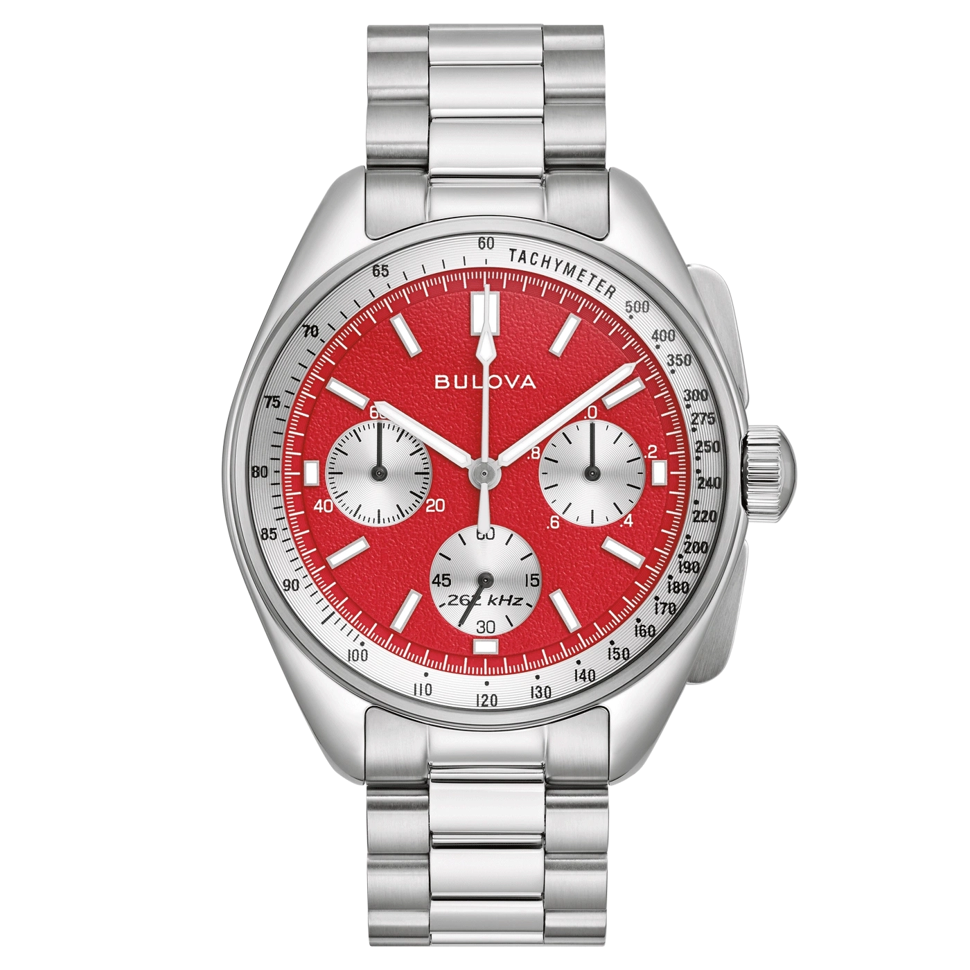 Bulova-Uhr mit rotem Zifferblatt und silbernem Armband, Tachymeter-Funktion.