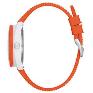 Bulova-Uhr mit weißem Zifferblatt und orangefarbenem Armband, Seitenansicht.