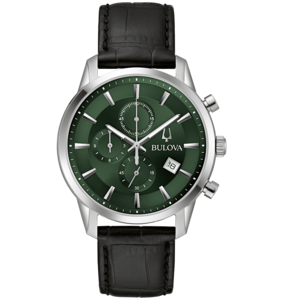 Bulova-Uhr mit grünem Zifferblatt und schwarzem Lederarmband.