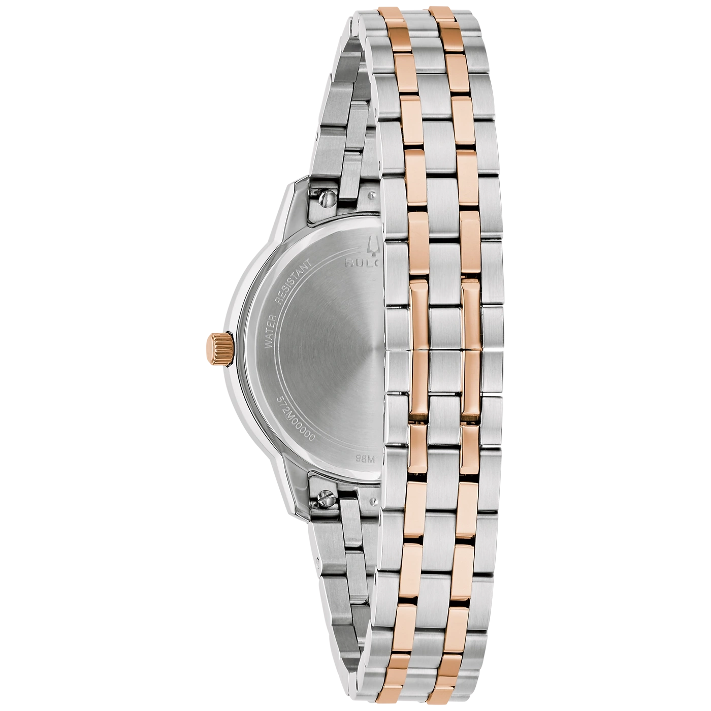 Rückseite einer zweifarbigen Bulova-Uhr mit Metallarmband.
