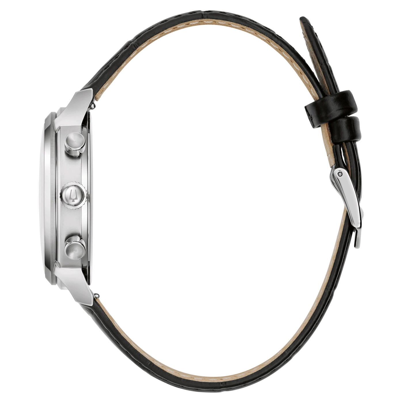 Uhr mit schwarzem Lederarmband, Seitenansicht, silbernes Gehäuse, elegantes Design