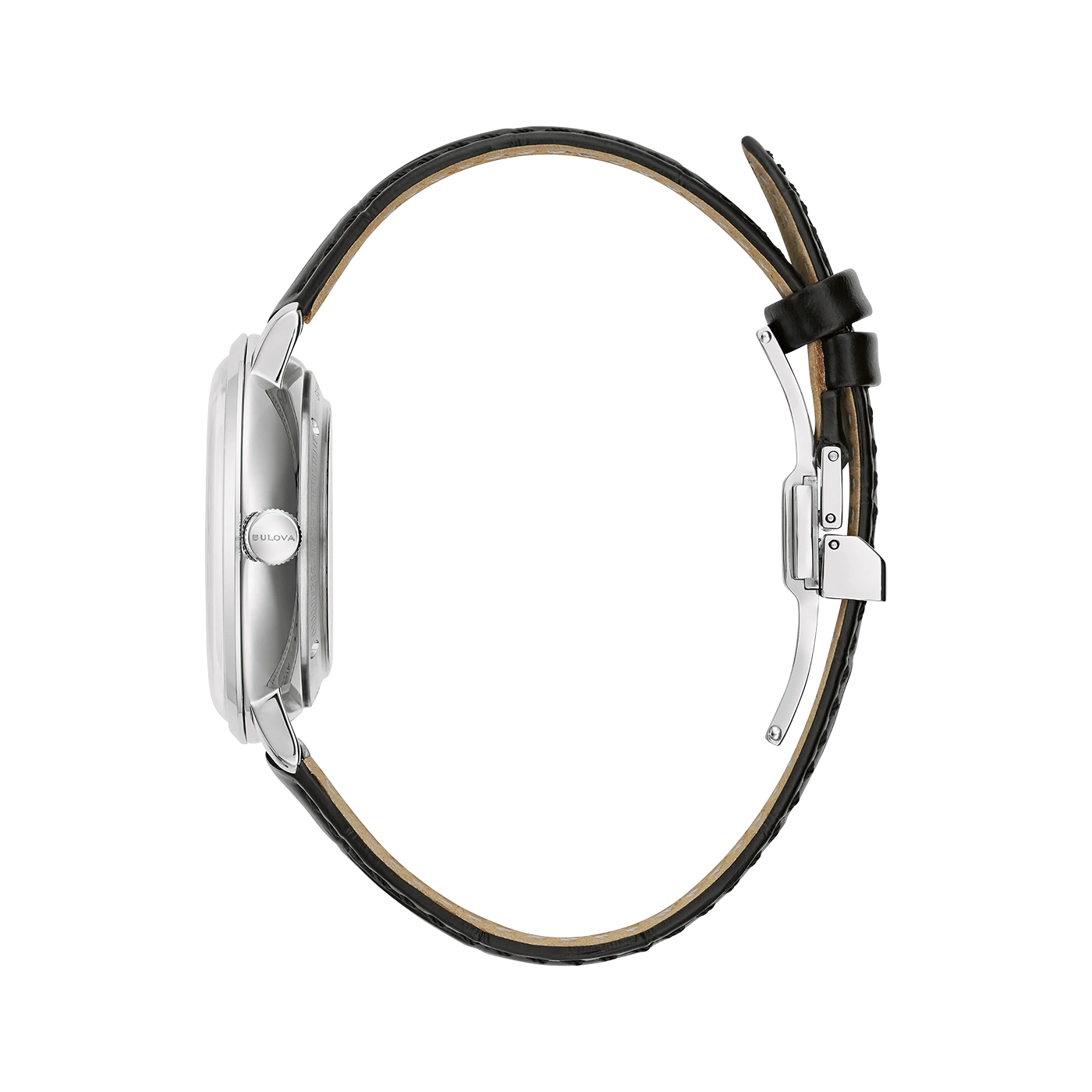 Bulova Uhr, silbernes Gehäuse, schwarzes Lederarmband, Detailaufnahme, Seitenansicht, elegant