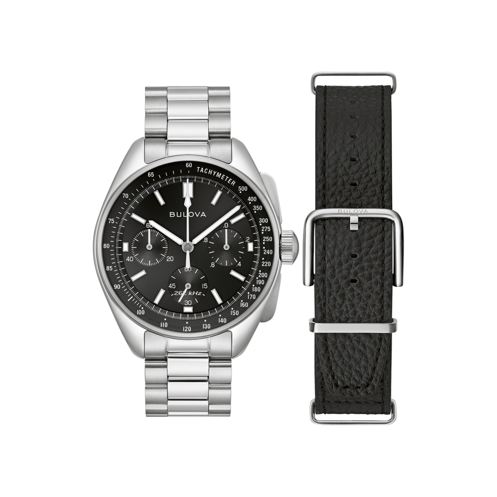 Bulova-Uhr mit schwarzem Zifferblatt und silbernem Armband, Lederarmband daneben.