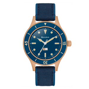 Bulova-Uhr mit blauem Zifferblatt und Armband, goldenem Gehäuse