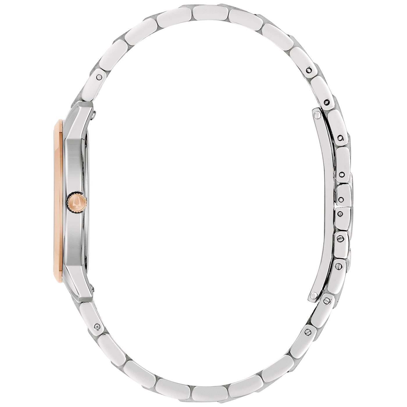 Seitenansicht einer silbernen und roségoldenen Armbanduhr mit Metallarmband.